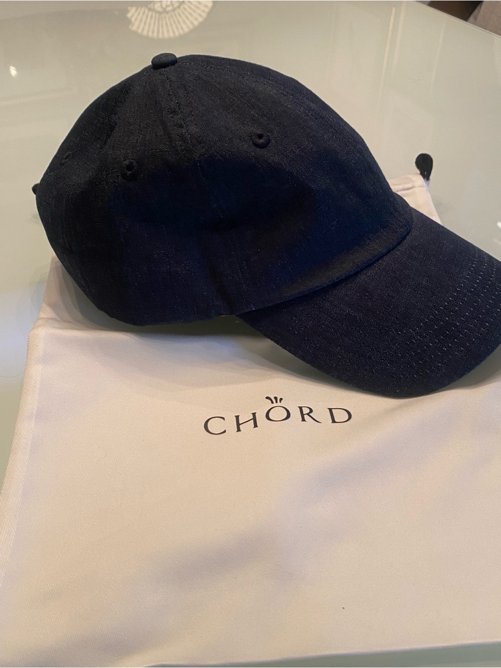 EUC CHÖRD Dark Wash Denim Leather Strap Baseball Cap w/ Dust Bag